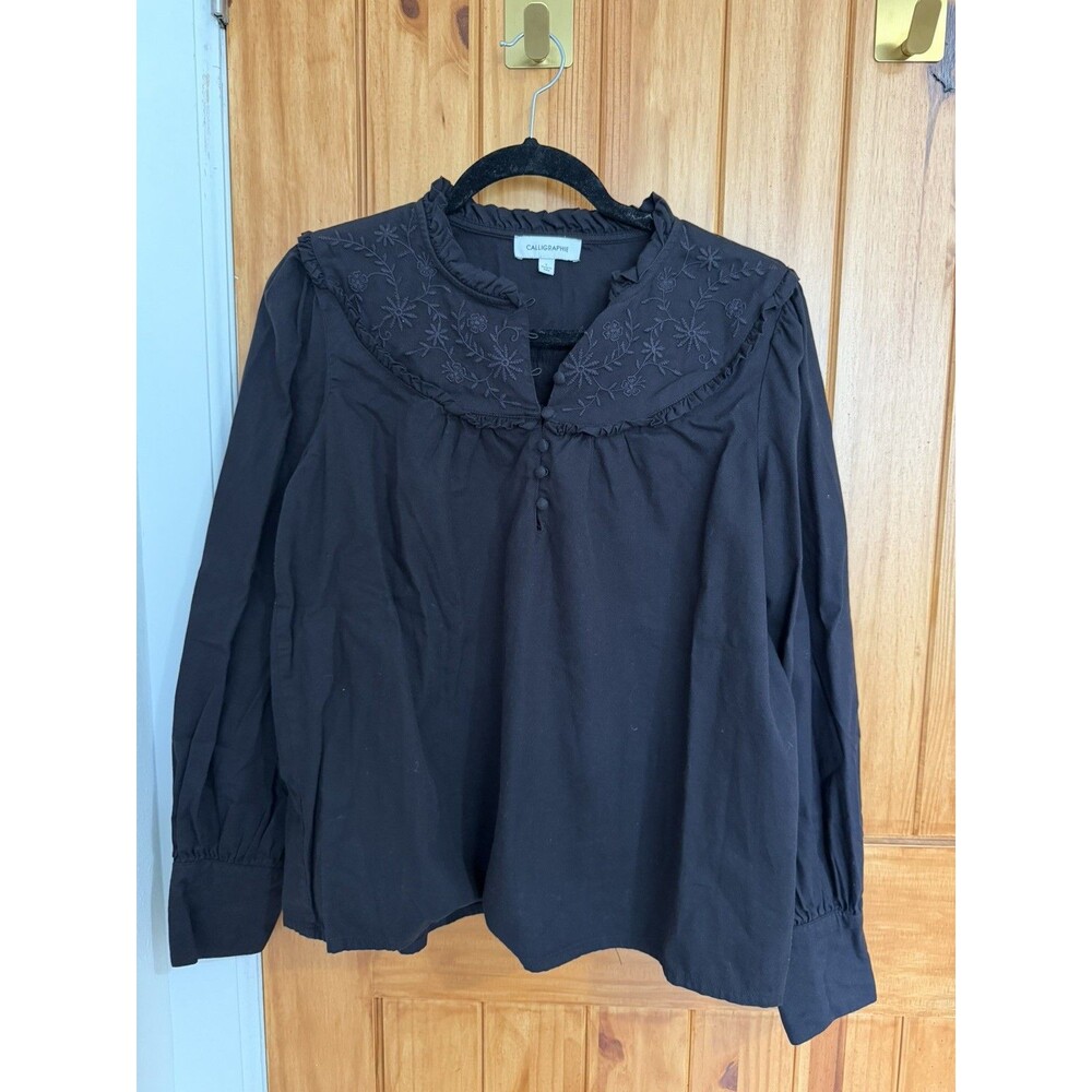 Calligraphie Anthropologie Blouse Size L Black Embroidered Peasant Boho Top
